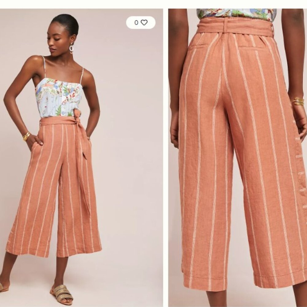 Anthropologie Portia Linen Striped Wide Leg Trousers Large Orange Travel Vaca